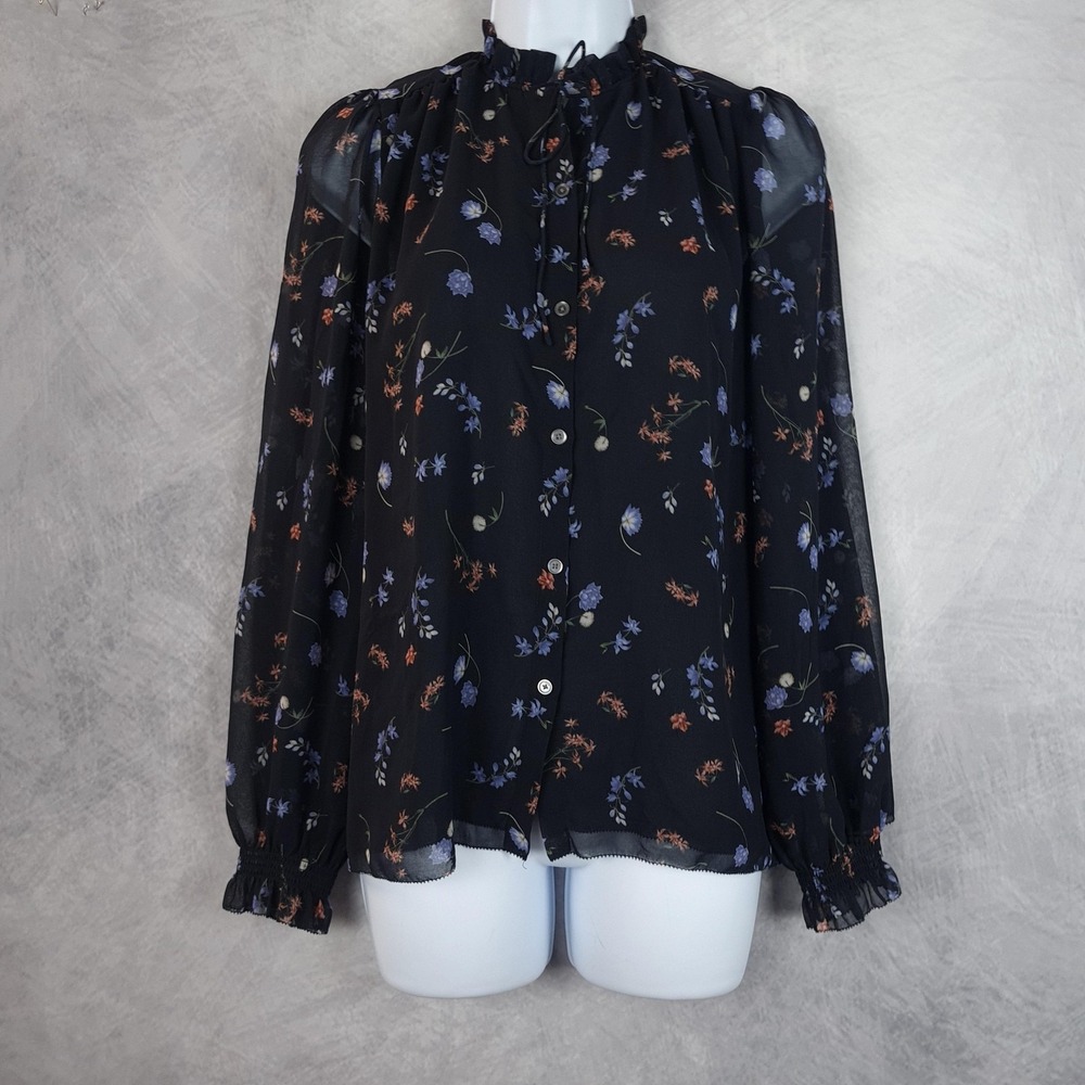 Wilfred Blouse Womens Small Black Floral Chiffon Ruffle Tie Neck Relaxed